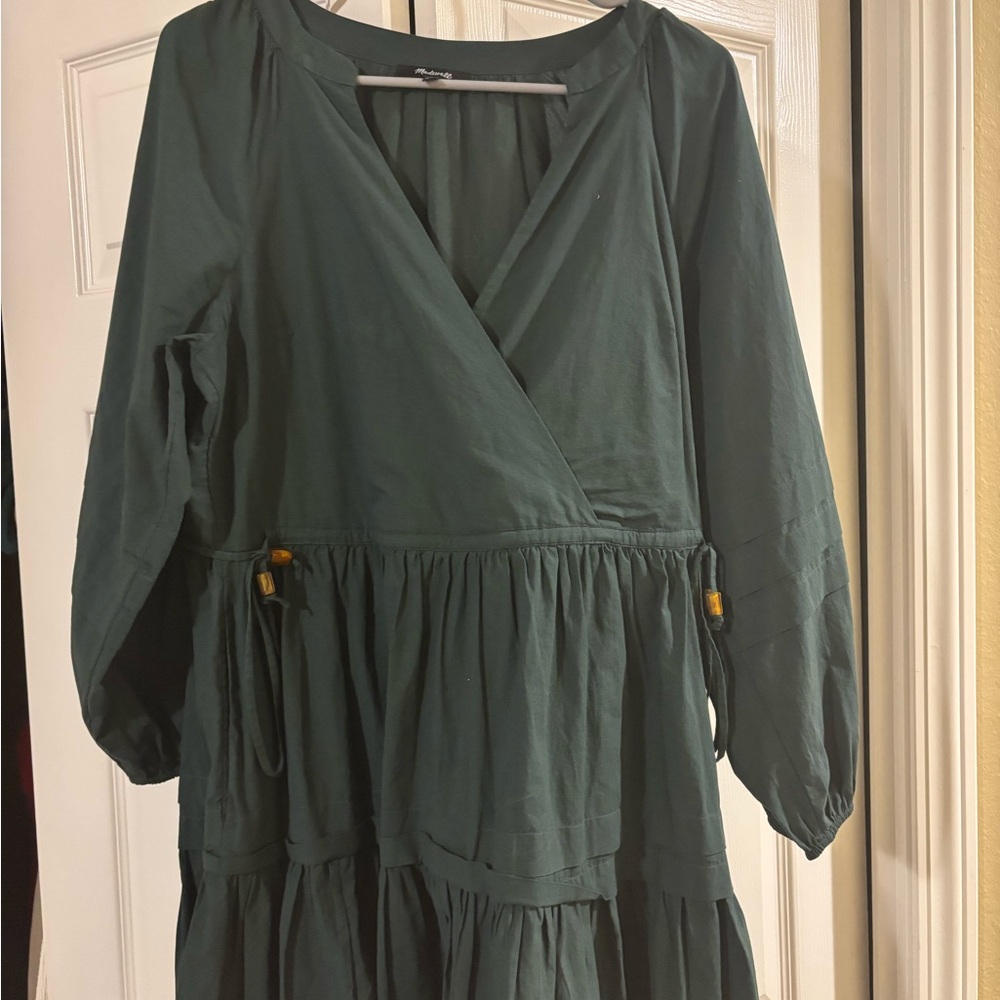 Madewell Crinkle Poplin Jade Green Wrap Dress with Tiered Skirt Modern Classic